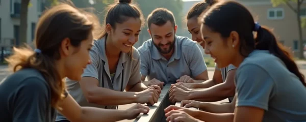 Groupe de collaborateurs en plein effort physique collaboratif, sourires et complicité visibles, dans une ambiance énergique