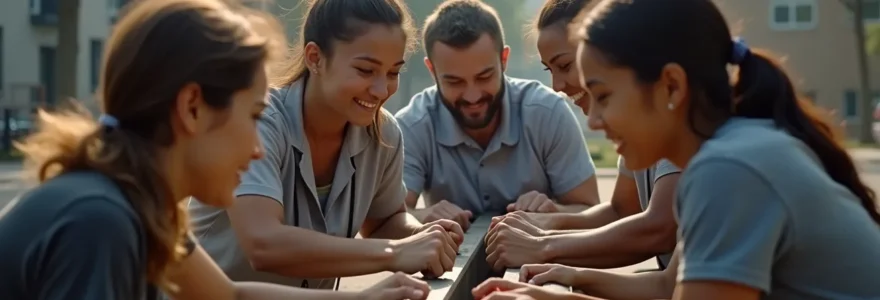 Groupe de collaborateurs en plein effort physique collaboratif, sourires et complicité visibles, dans une ambiance énergique