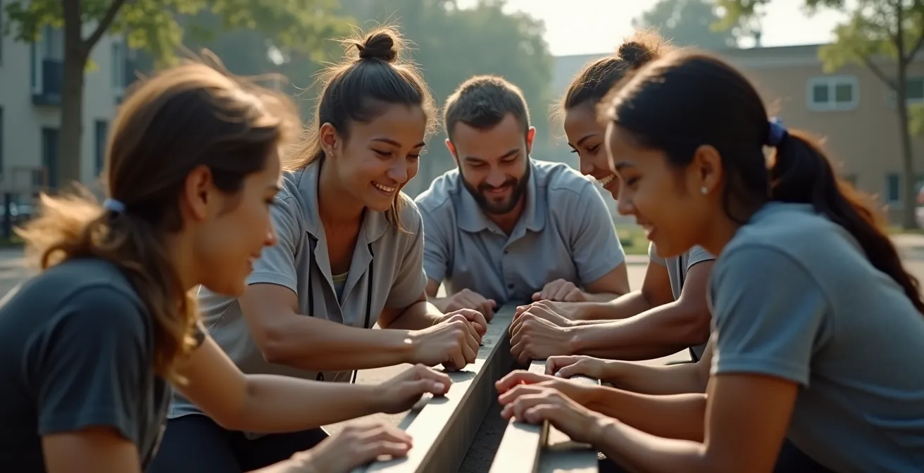 Groupe de collaborateurs en plein effort physique collaboratif, sourires et complicité visibles, dans une ambiance énergique