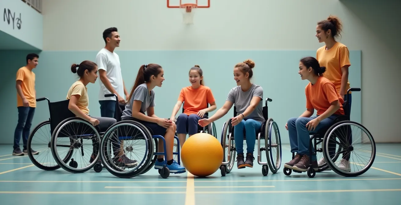 Groupe hétérogène en situation de handicap et valide partageant un moment sportif inclusif, rôles et contributions valorisés