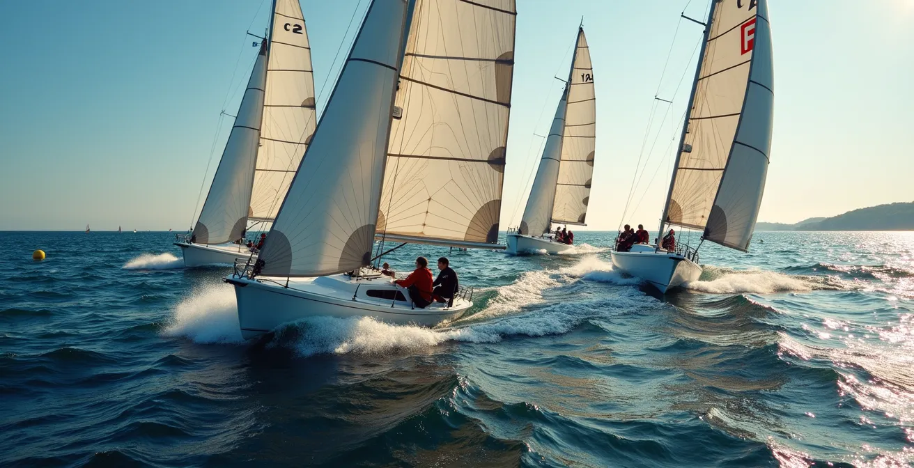 Vue aérienne d'une régate avec plusieurs voiliers en action synchrone sur l'eau, stratégie et coordination visibles