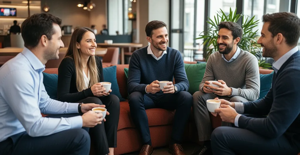 Équipe en débriefing détendu après session team building immersive