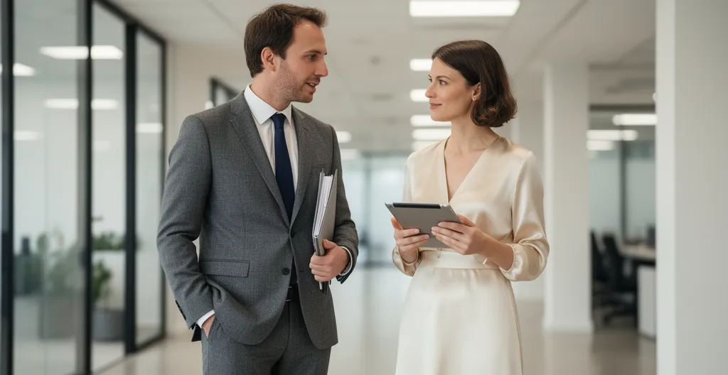 Deux personnes discutent côte à côte dans un hall avant un team building
