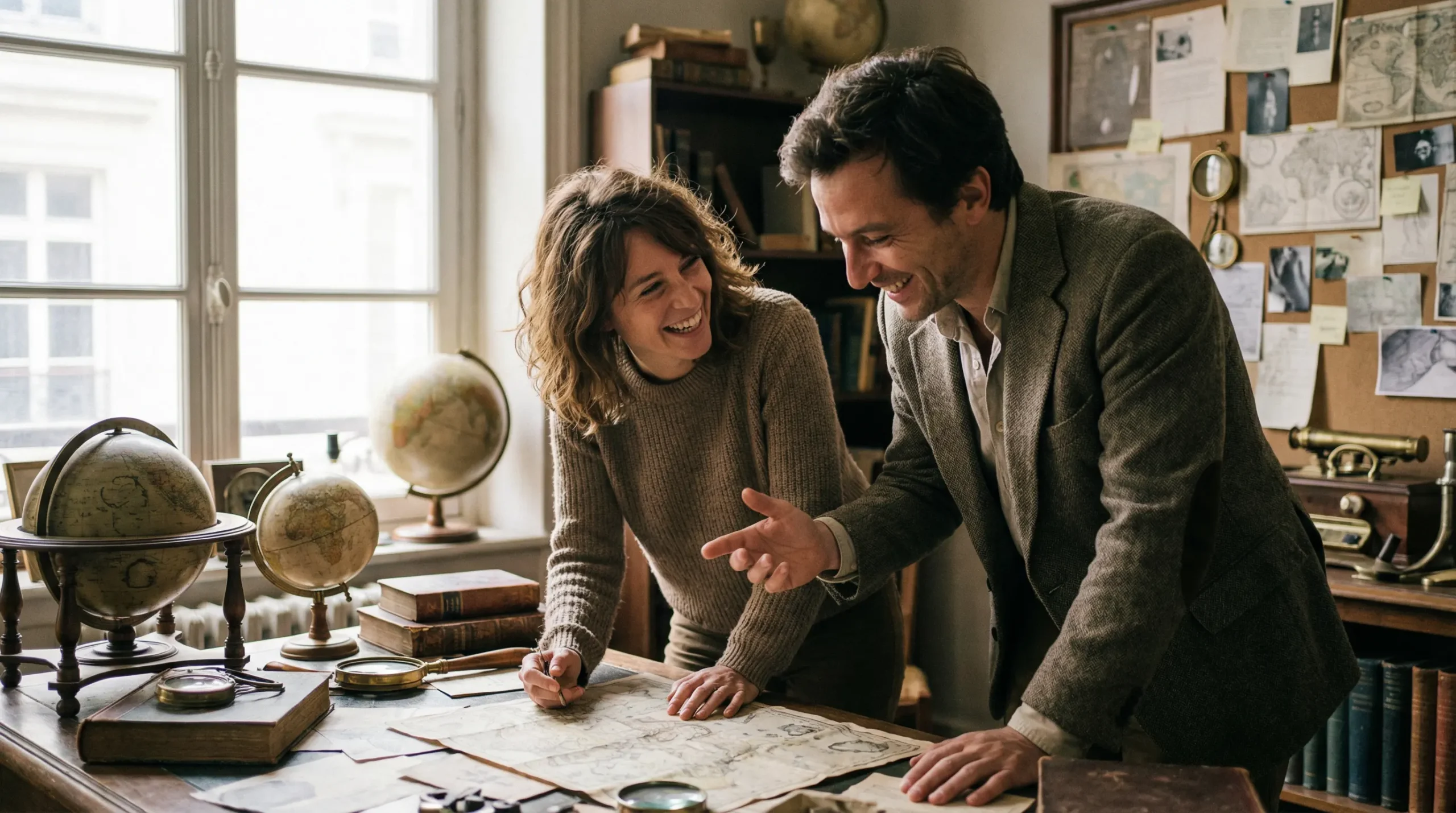 Deux collègues analysent des indices dans un décor de murder party immersif à Bordeaux