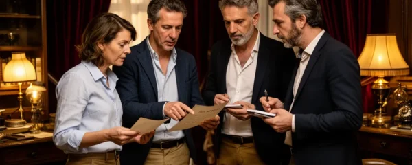 Équipe en immersion team building examinant un indice ensemble