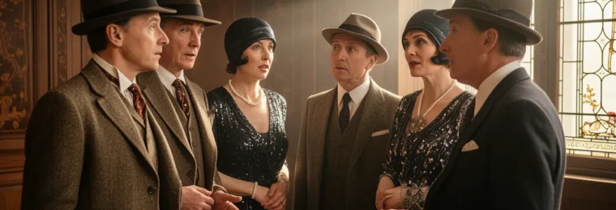 Équipe de collaborateurs en costumes années 1920 lors d'une murder party team building