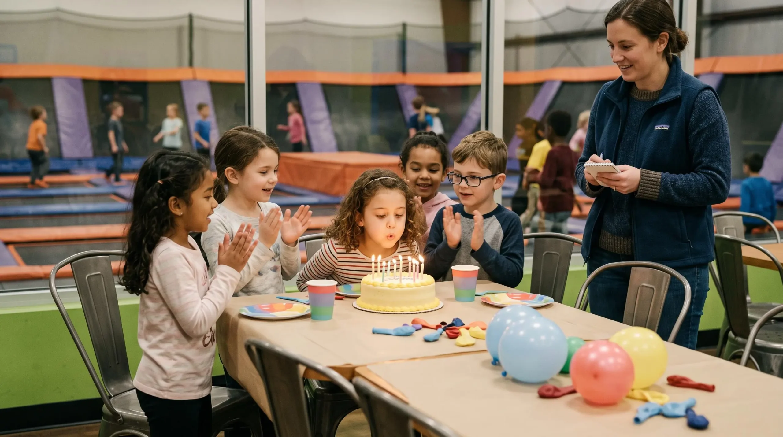 Des enfants soufflent les bougies d'un gâteau lors d'un anniversaire au parc.