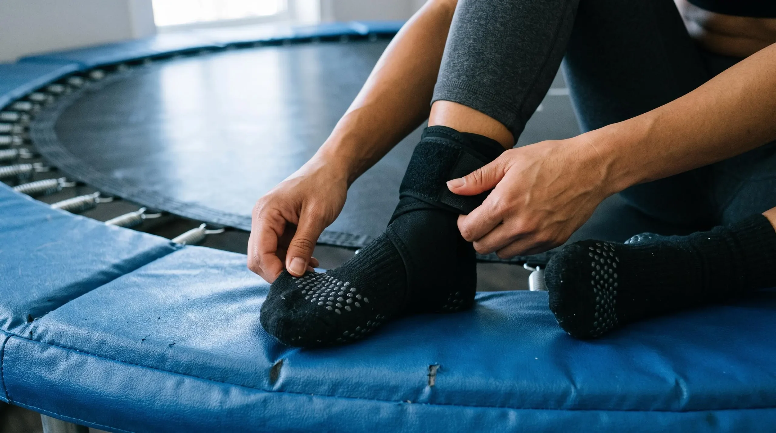 Un visiteur ajuste ses chaussettes antidérapantes au bord d'un trampoline.