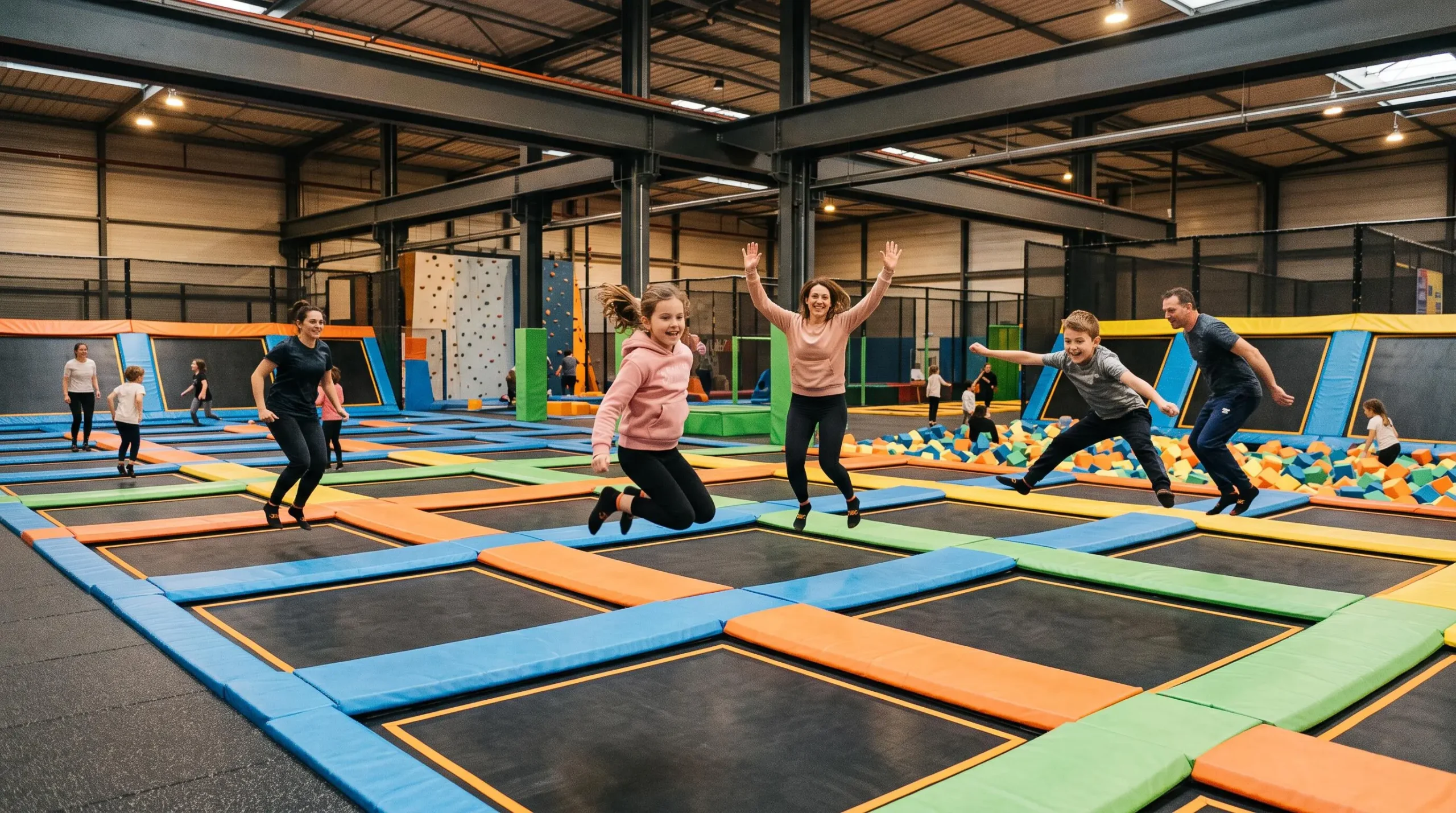 Familles et enfants sautent sur des trampolines dans un grand parc indoor.